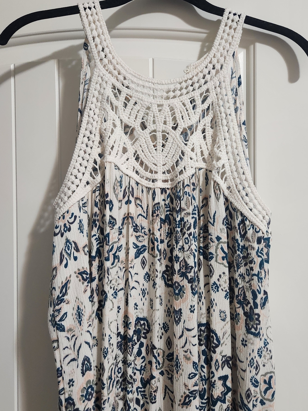 Maurices Cream Crochet Yoke Tank with Blue Floral Print